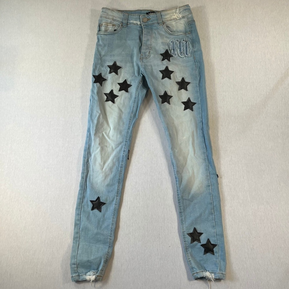 boohooMAN Jeans Mens 30R (Fit 29x29.5) Light Wash Star Patch Skinny Distressed